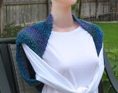 Spring Knit Shrug. Knit Bolero. Sweater. Shoulder Wrap. Variegated Blue. Dark Blue. Sea Blue.