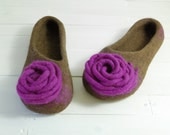 Wool Felted Slippers women's house shoes (natural chestnut brown and purple)