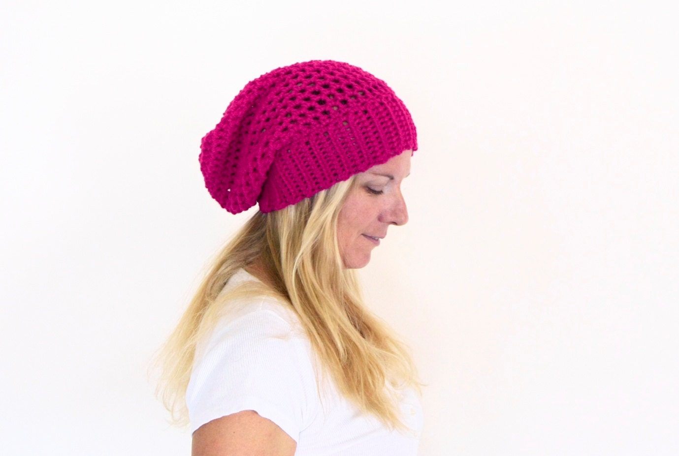 Women chunky crochet hat in raspberry winter fashion, Clio Hat