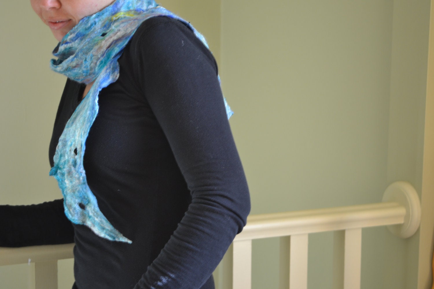 Felted Wool Fibre Art Scarf, One of a Kind, Handmade, "Ride the Wave"
