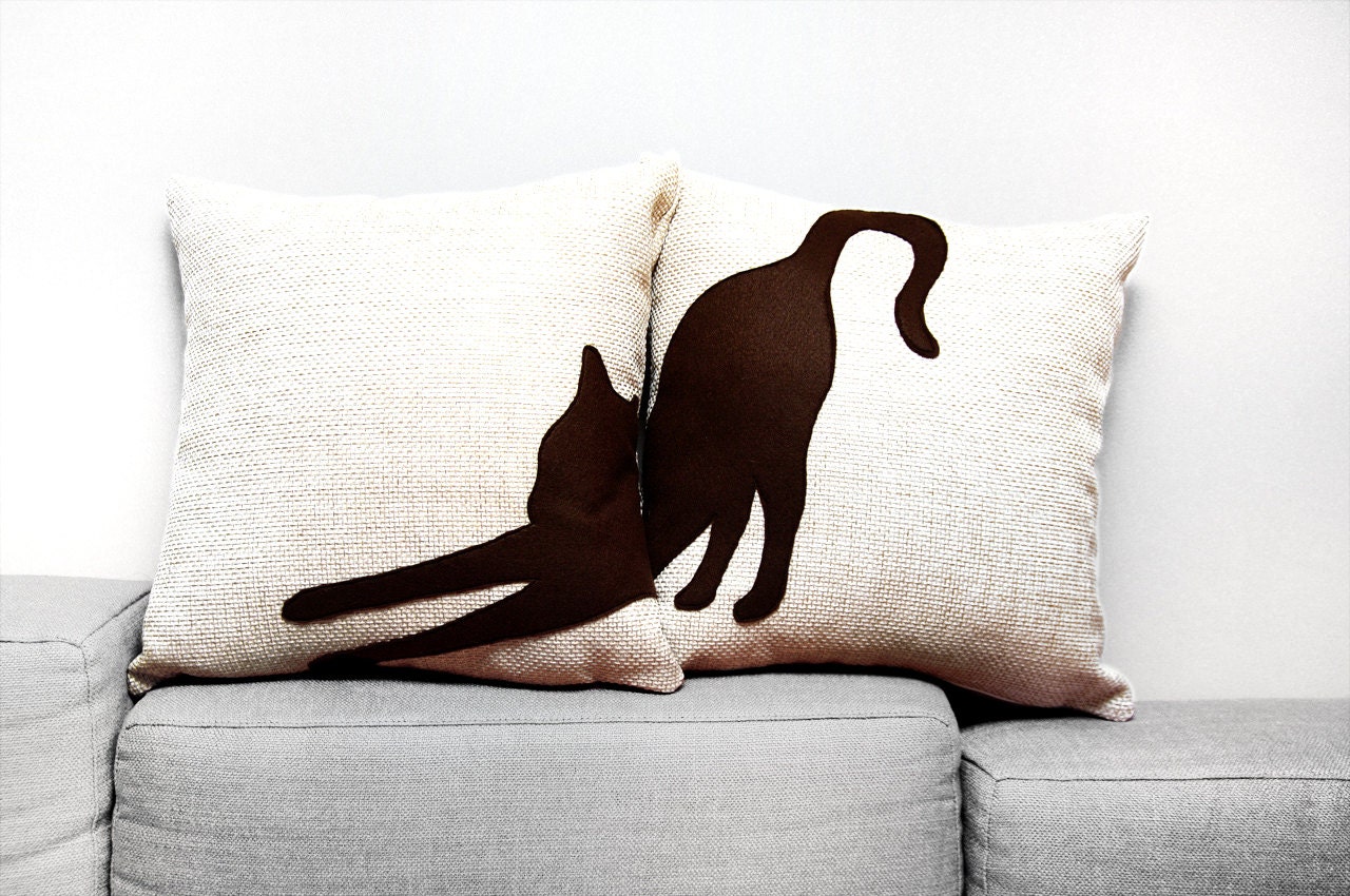 Stretching cat cushion covers -  beige and dark brown - Made to Order - ItsTimeToDream
