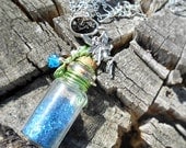 CLEARANCE Pixie Dust Glass Vial Fantasy Necklace - Monaco Blue Fairy Talisman - Tender Shoots, Glass Leaf, Blue Flower & Pixie Charm