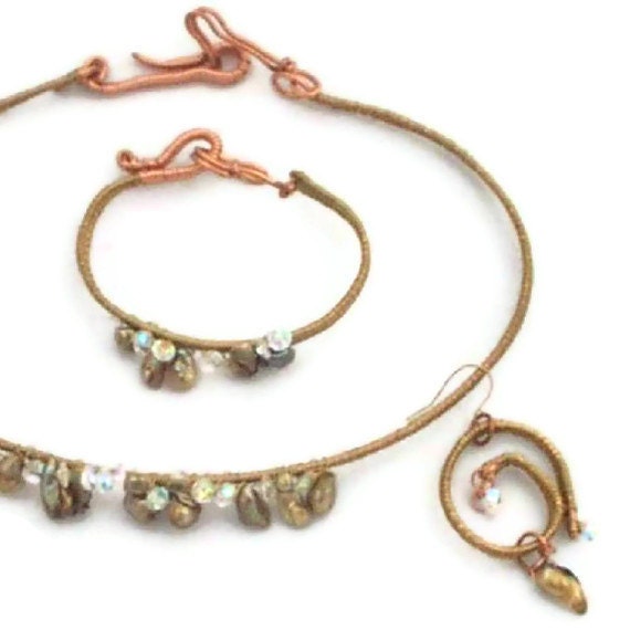 Handmade Pearl Earrings, Choker and Bracelet Set, Brass and Copper Wire Weave With Crystals and Pearls, set000-twnb
