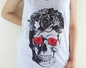 Skull Flower Shirt -- Skull Flower T-Shirt Skull Red Eyes Rose Skull T-Shirt Women Tank Top Tunic Vest Sleeveless Shirt White T-Shirt Size M