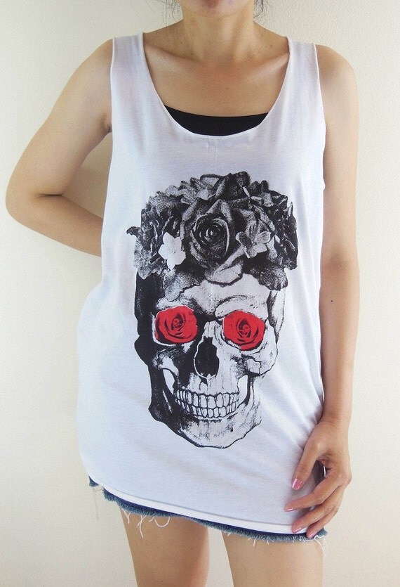 Skull Flower Shirt -- Skull Flower T-Shirt Skull Red Eyes Rose Skull T-Shirt Women Tank Top Tunic Vest Sleeveless Shirt White T-Shirt Size M