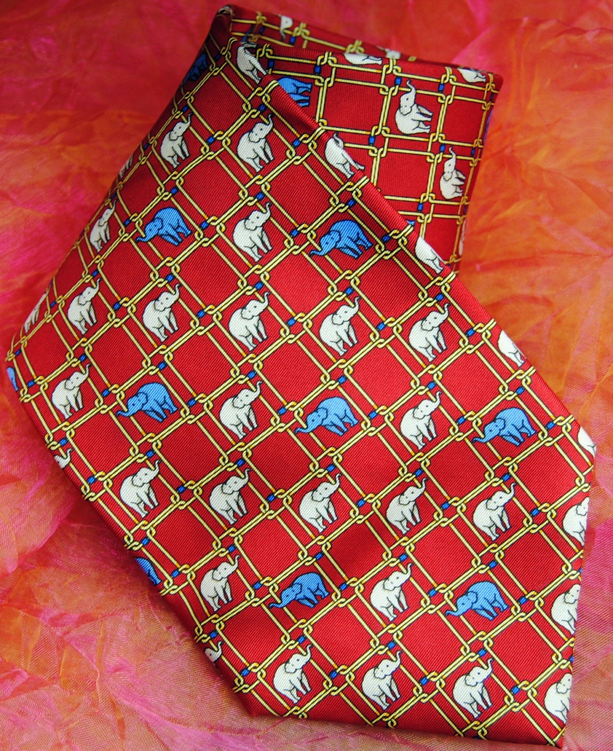 Vintage Tie - Blue, White Elephants - Red Background - 1980's - Fun, Handsome