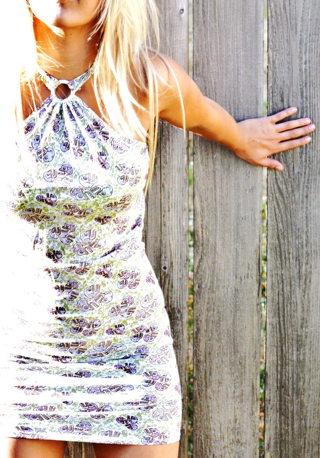 Organic skull print, stretch cotton O-ring halter dress