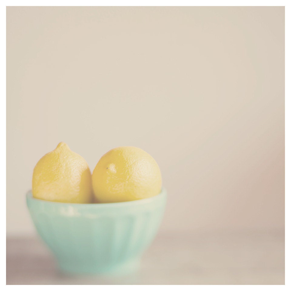 lemon kitchen wall art photo print - whimsical fine art food photography, yellow, fruit, mint, green, bowl, summer, light - 12x12