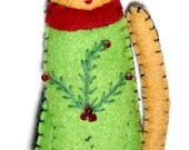 Christmas Holiday Adorable Orange Cat in Green Sweater Wool Felt Appliqued Ornament