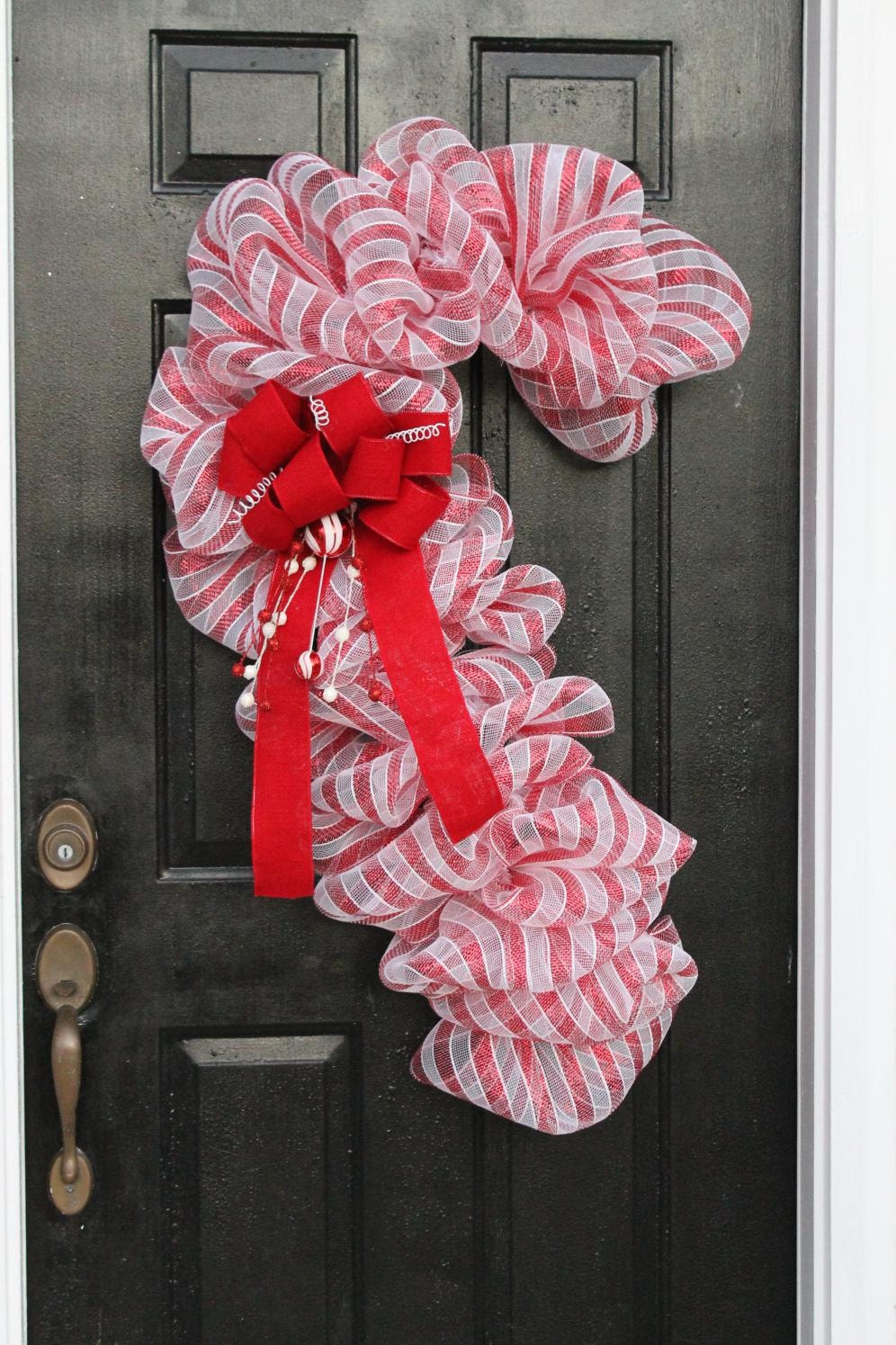 Candy Cane Christmas Mesh Wreath/ red and white, red burlap ribbon, ornaments