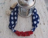 Boho Necklace, unique piece of art, Dotted OR nova  check  NAVY  SILK  fabric , Limited Edition