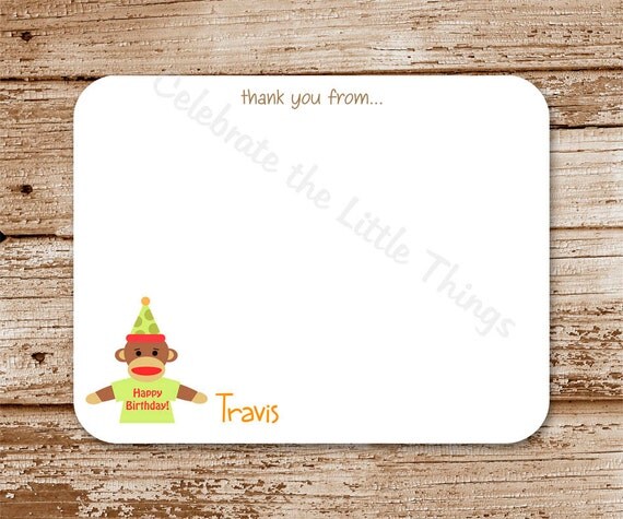 Set of 12 / Sock Monkey Flat Note Cards / Personalized / Birthday Thank You Il_570xn