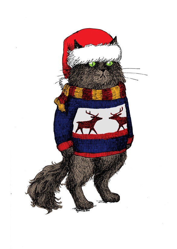 Christmas Cat in a Santa Hat and Knitted Jumper original art print, Nursery Art