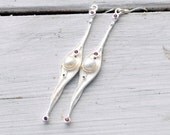 Rubies and Pearls Earring - Sterling Silver Long Earring - High Fashion Earring - Bridal Jewelry - Statement  Earrings - Spring