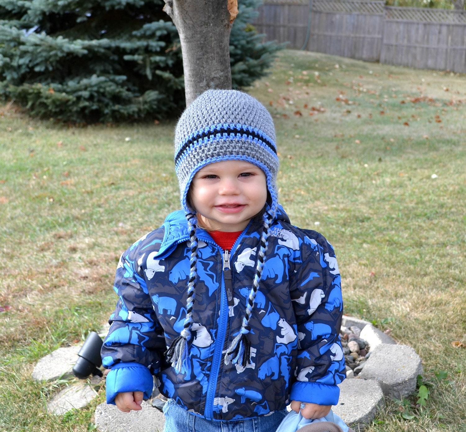 Crochet Baby Boy Earflap Beanie Newborn to 5T Hat Heather Grey/Blueberry/Black - MADE TO Order