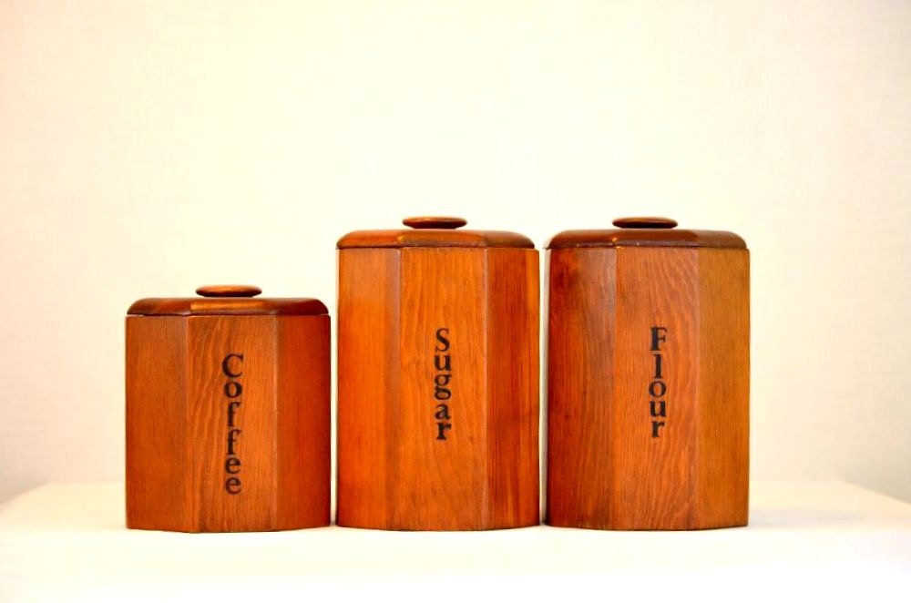 Vintage Wooden Kitchen Canisters: Set of Four