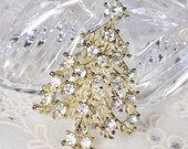 Vintage Christmas Tree Brooch / Pin, Aurora Borealis Pastel, Rhinestones / Crystals, Silver, 1950s 1960s Mad Men, Holiday Costume Jewelry