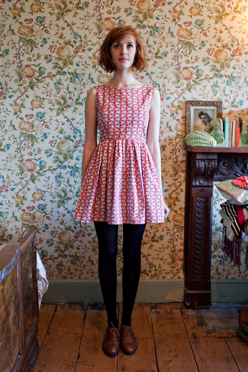 The 'Foxglove' Vintage Inspired Dress With Low Back & Full Skirt In Fox Print Organic Cotton