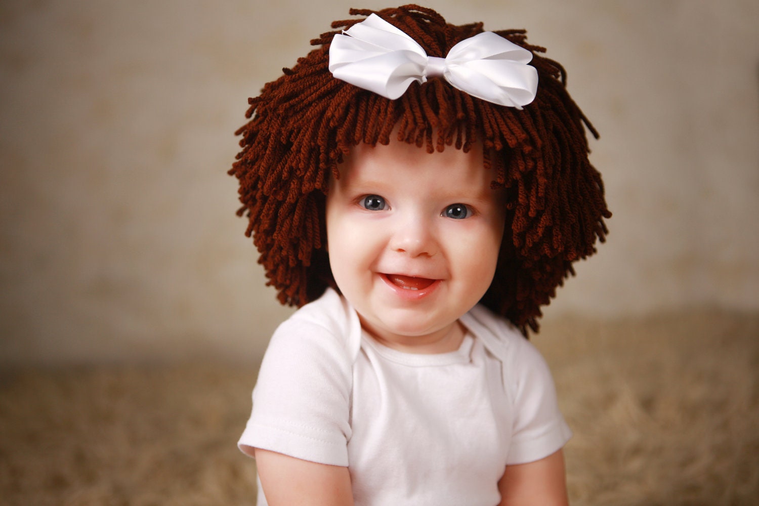 Baby GIrl Hat- Cabbage Patch Inspired Baby Wig- Winter Hat- Brown Yarn Wig- Raggedy Ann Yarn Wig- Unique Baby Photo Prop- Dolly Costume