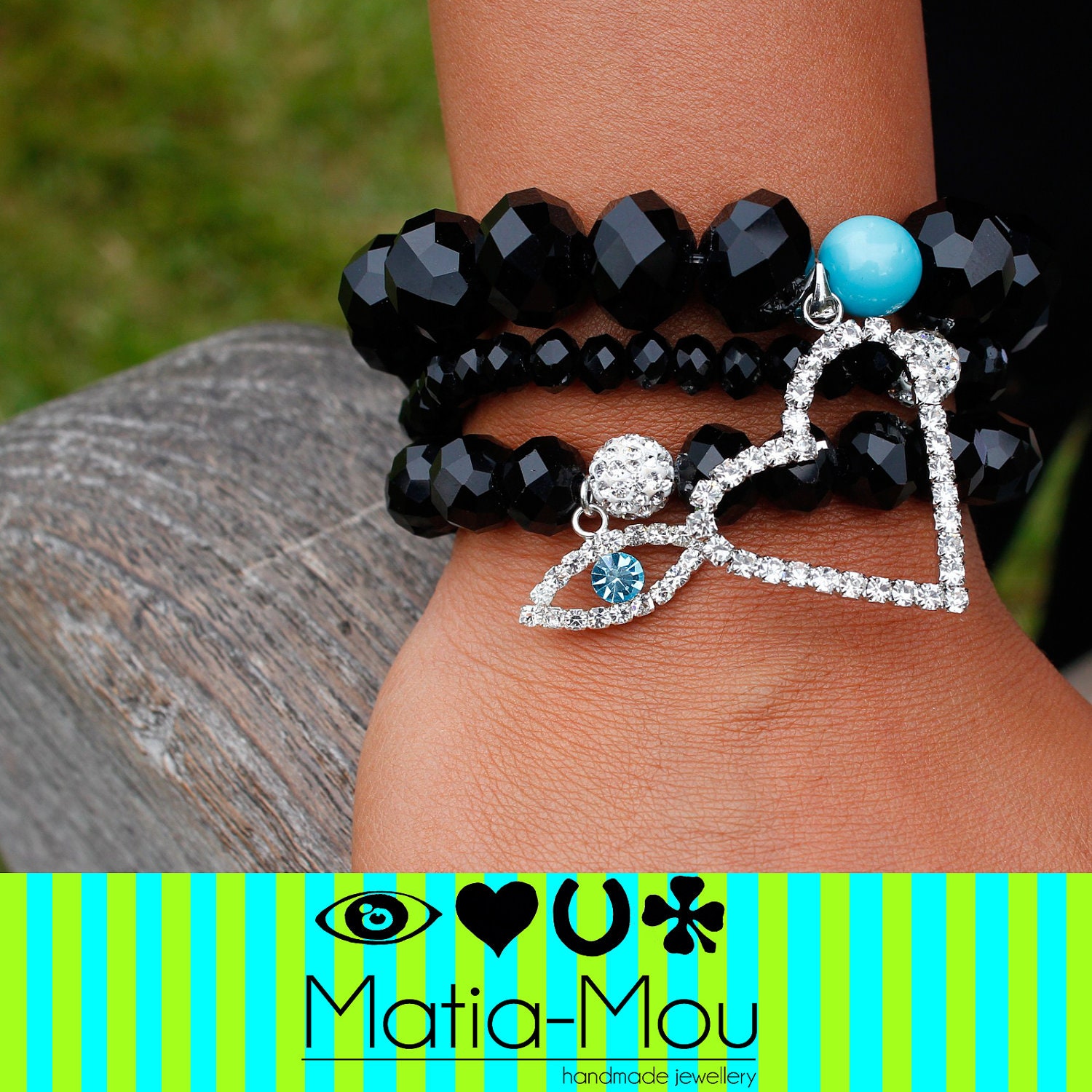 Diamante Evil Eye Charm, Shamballa Diamante Bead & Black Crystal Rondelle Stretch Beaded Bracelet