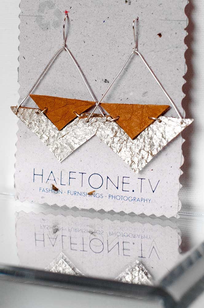 Silver Chevron Arrow Earrings - Tan Leather Diamond Earrings
