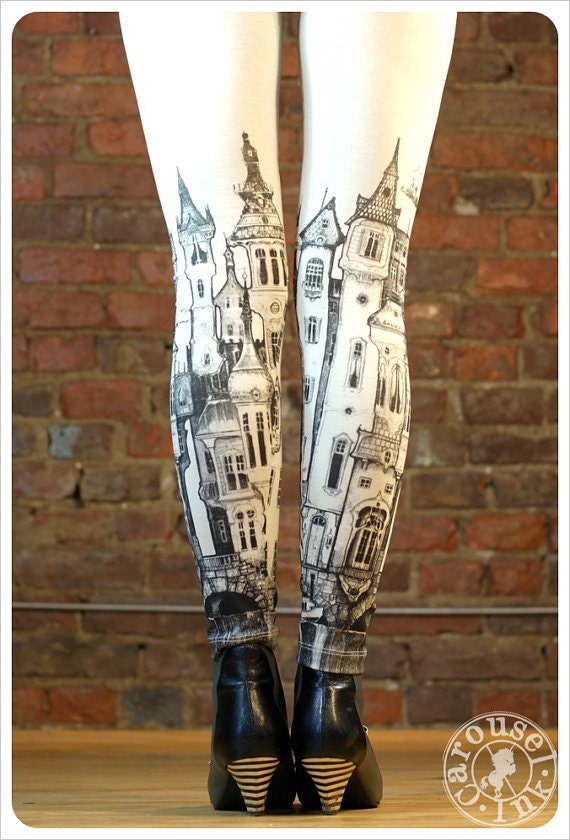 Victorian City Leggings - Womens Off White Legging tights - LARGE Legwear - Carouselink
