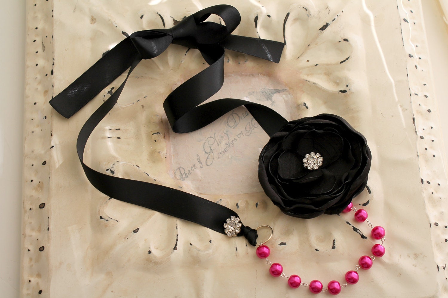 Hot Pink Necklace - Black Necklace - Pearl Crystal Ribbon Necklace - Bridal Bridesmaids - Many Colors - Ready to Ship