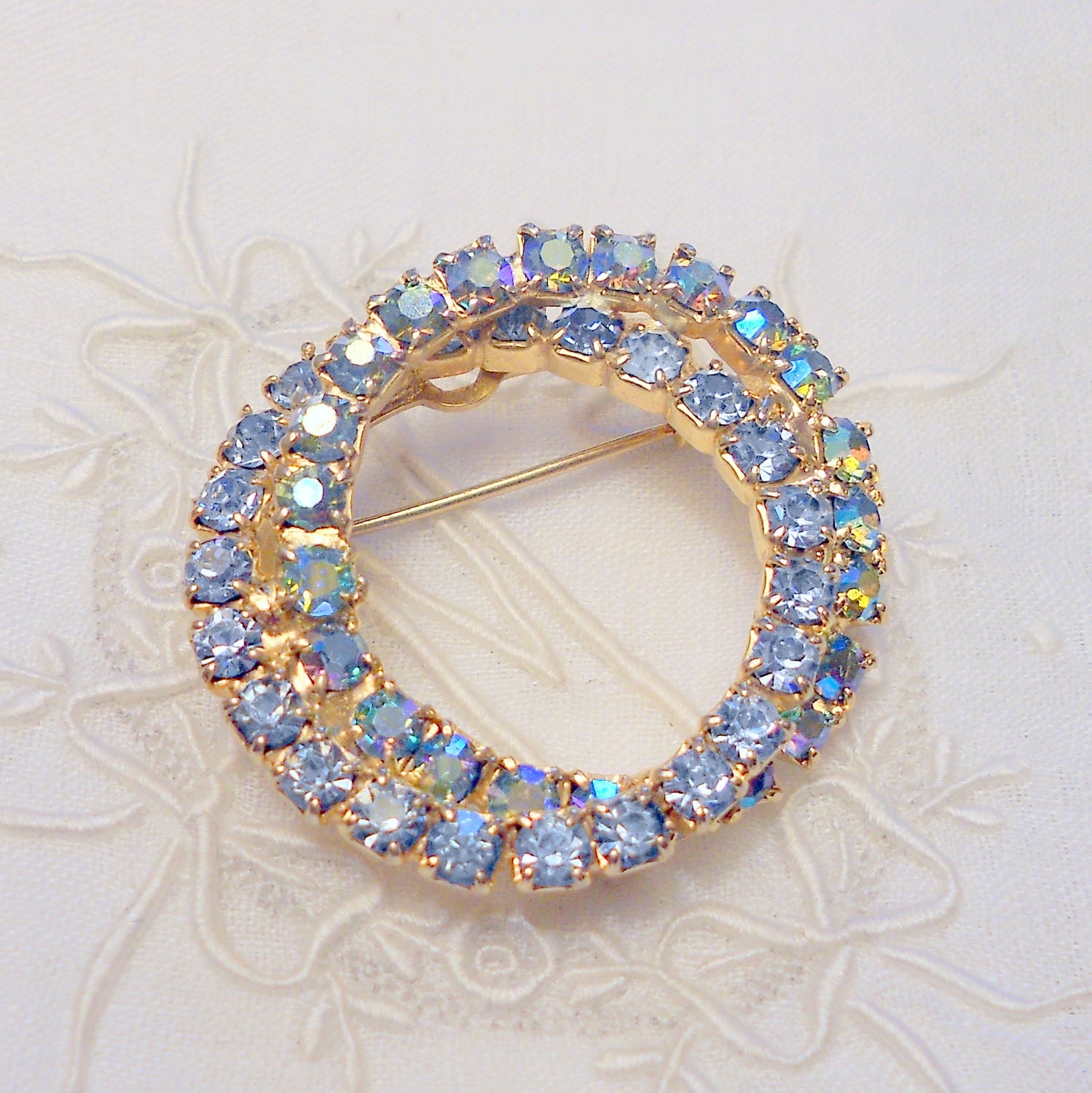 Vintage Blue Rhinestone Brooch Pin, Double Circle Pin