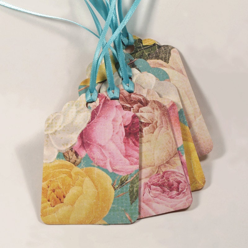 Cottage Roses Gift Tags Set of Seven pretty garden floral paper tags for spring hand punched tags