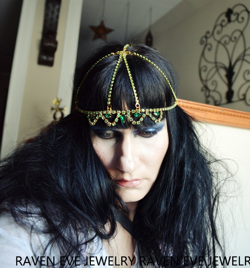 Green Fairy Rhinestone and Chain Head Piece Headdress Tiara ready to ship