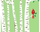 Screenprint Spring Cardinal - Birch Trees Bird Art Print Silkscreen Poster
