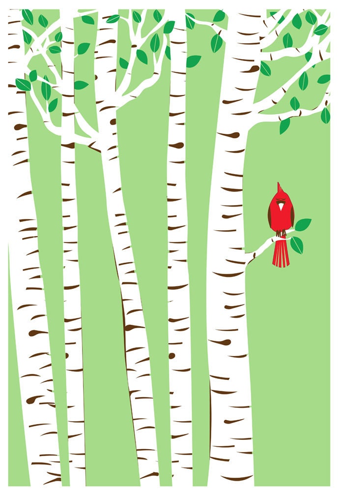 Screenprint Spring Cardinal - Birch Trees Bird Art Print Silkscreen Poster