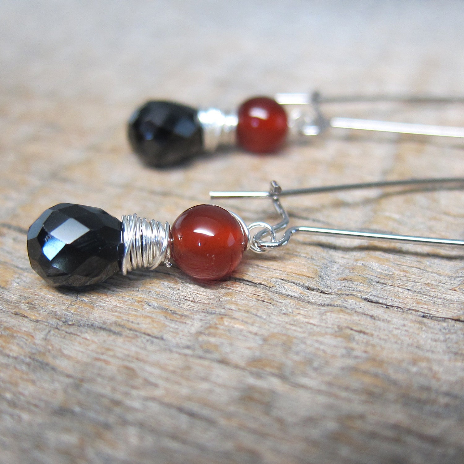 Autumn's Lullaby Earrings 009 - Wire Wrapped Black Spinel, Carnelian, and Silver Hook Earwires