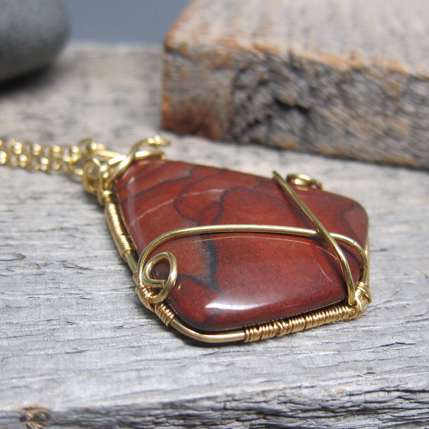 Red Autumn Necklace ... Wire Wrapped Nu Gold and Red Autumn Jasper