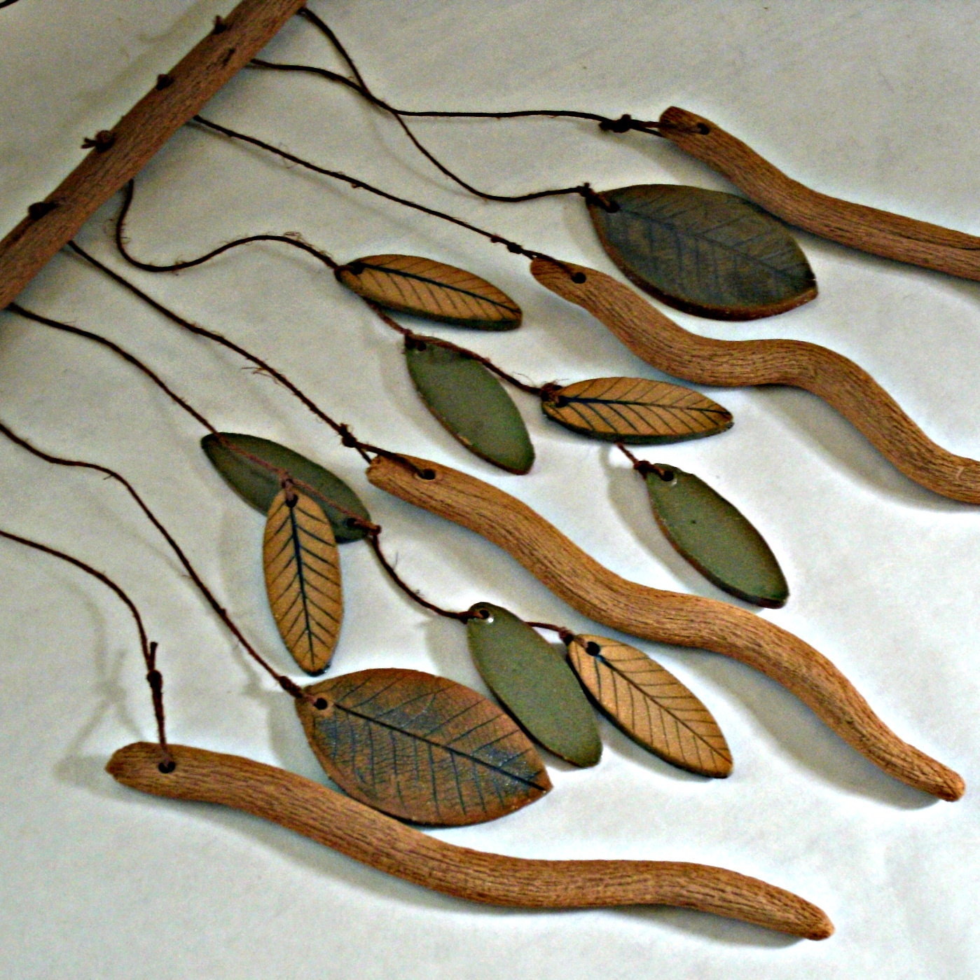Faux Bois Stoneware Ceramic Windchimes, Twigs and Leaves