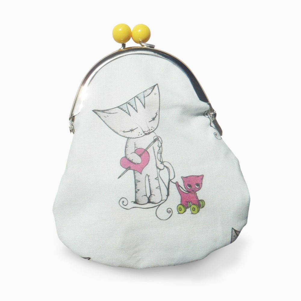 Cat Purse - Cat with kitten pink wheelie retro toy - metal frame purse - yellow bobble clasp