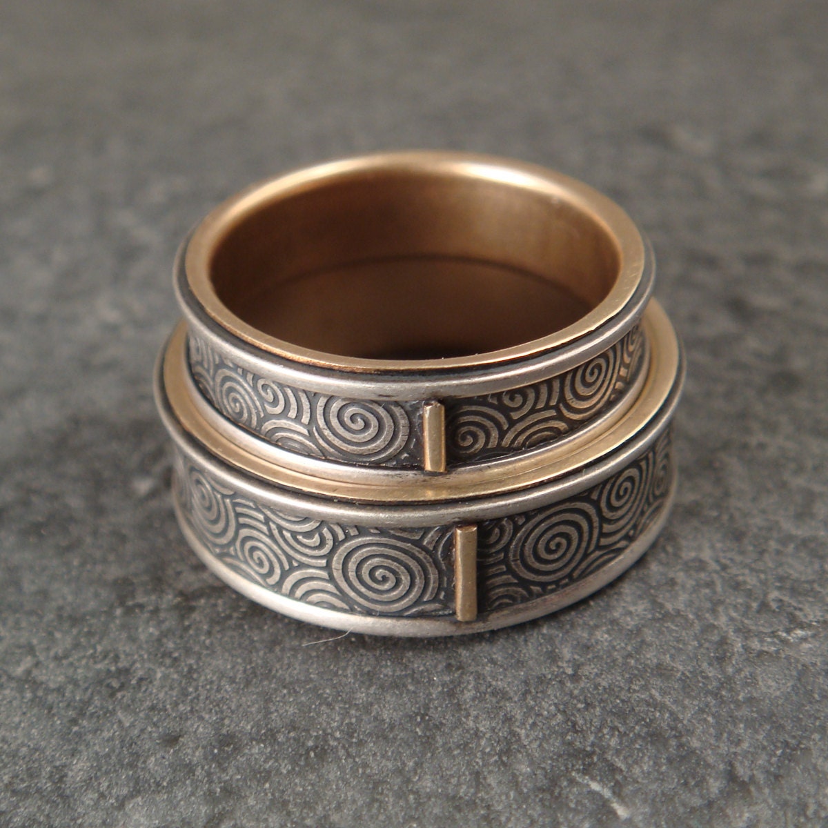 Spiral Wedding Band Set with 14k Gold Lining