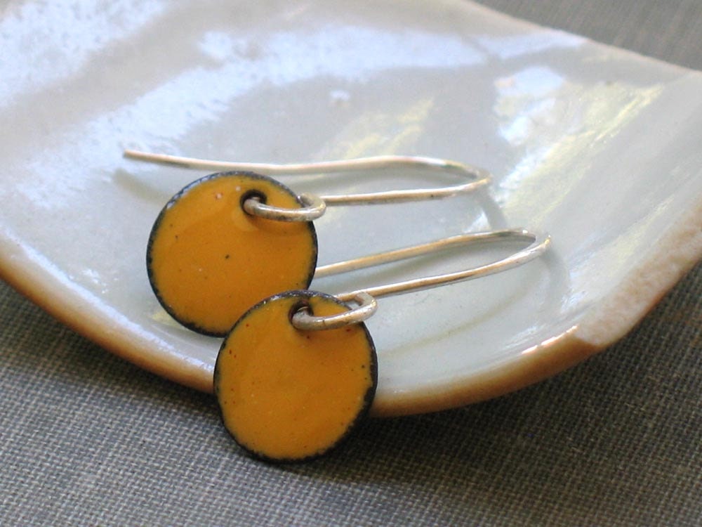 yellow drops- small enameled disc earrings