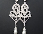 Art Deco Style Bridal Chandelier Earrings, Statement Wedding Earrings, Long Vintage Style Bridal Earrings, Pearl Drops, MARISSA
