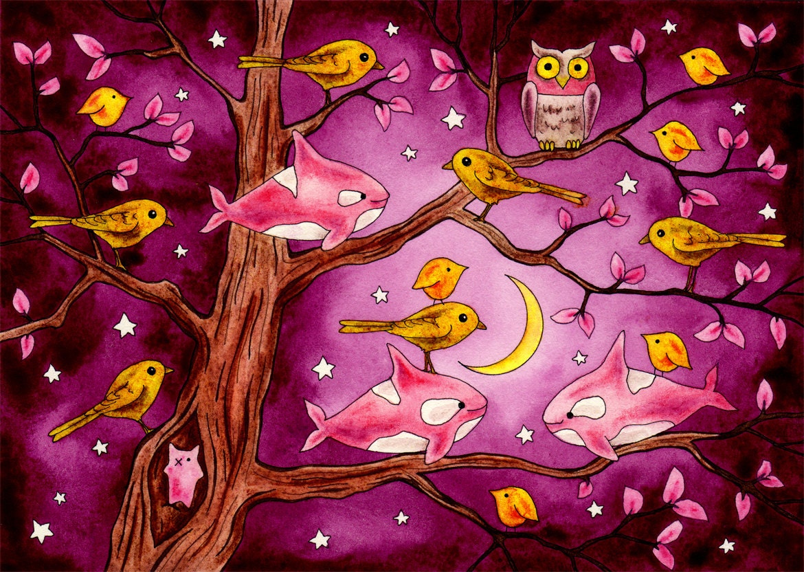Orca Birds Owl Here the Moon Does Echo Original watercolor painting