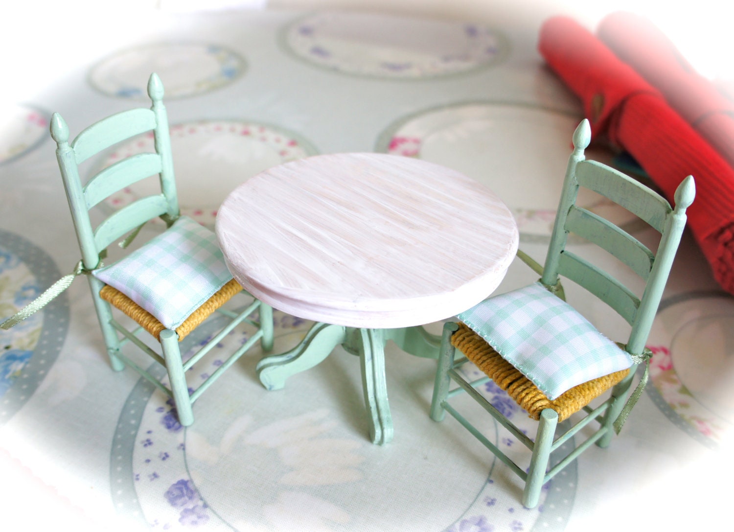 12th Scale Doll House Shabby Chic Folk Hand Painted Table and Two Chairs with Ribbon Tie Gingham Seat Pads