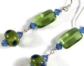 Lime green, blue lampwork, sterling silver earrings