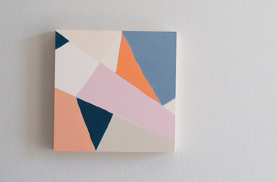 6x6 Original Painting / Abstract Angles 1 / Navy / Peach / Orange / Pink / Mint