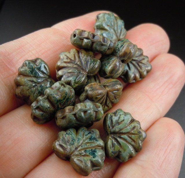 Maple Leaf 10x13mm Turquoise Picasso - 10 Czech Glass Beads (C7 -1)