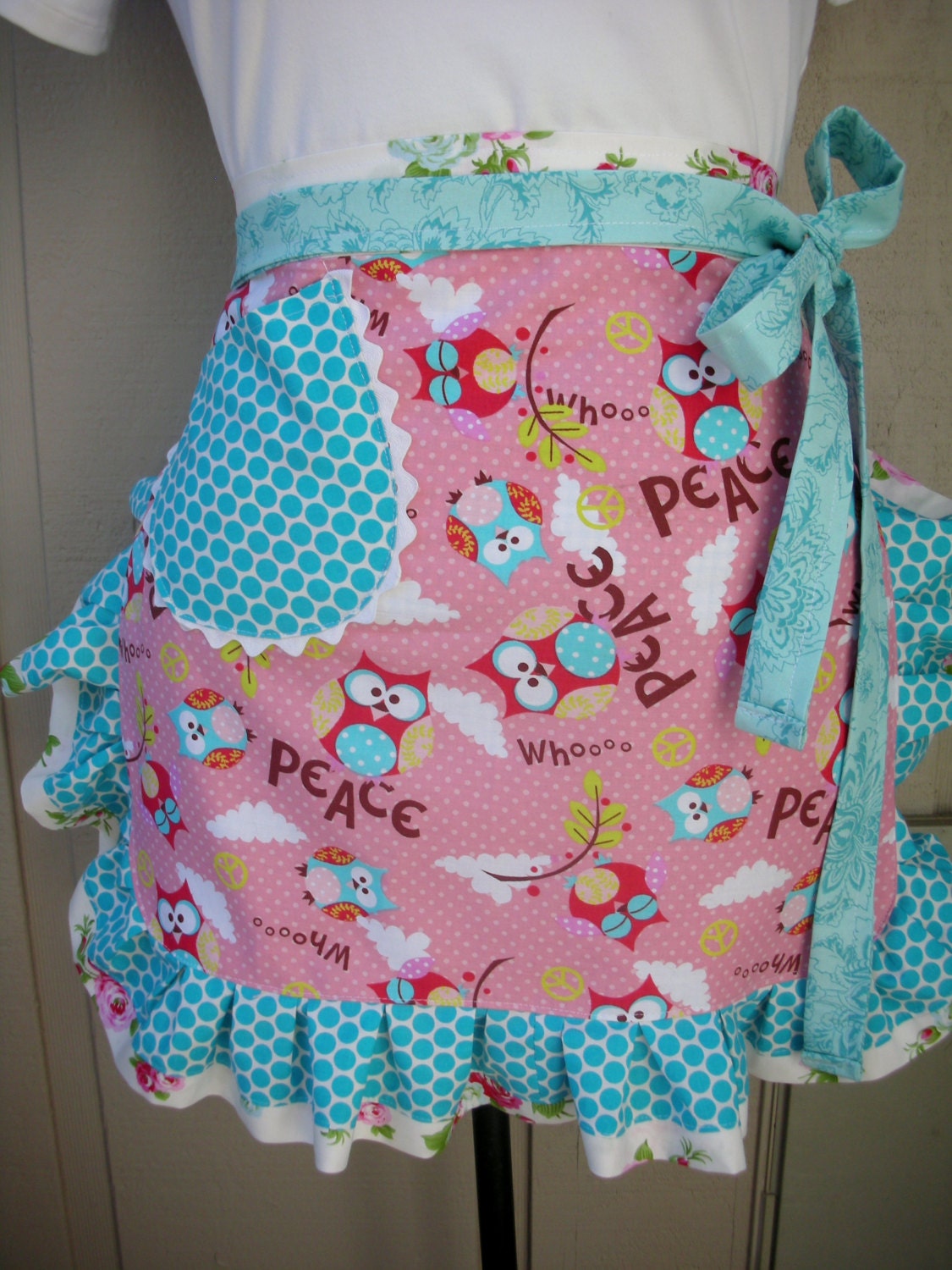 Aprons with owl fabrics - Pink and Blue Owl Apron - Ruffled Owl Apron