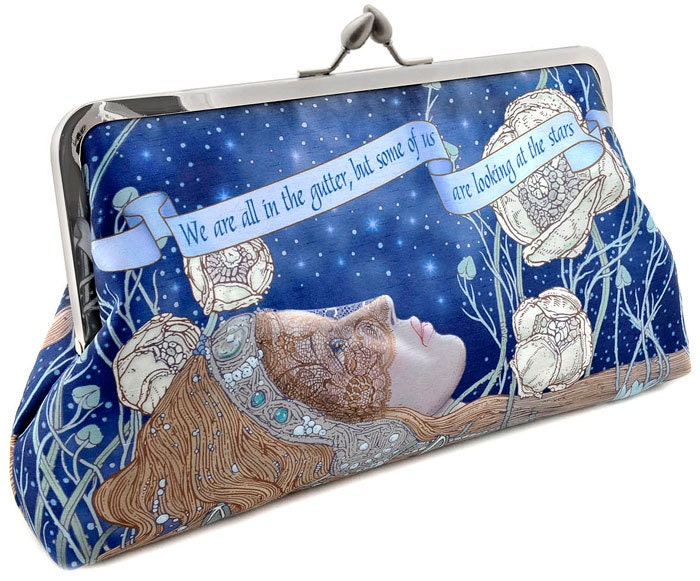 Printed Romantic Oscar Wilde LARGE clutch in dupion and printed satin. Unique, designed by Baba Studio.