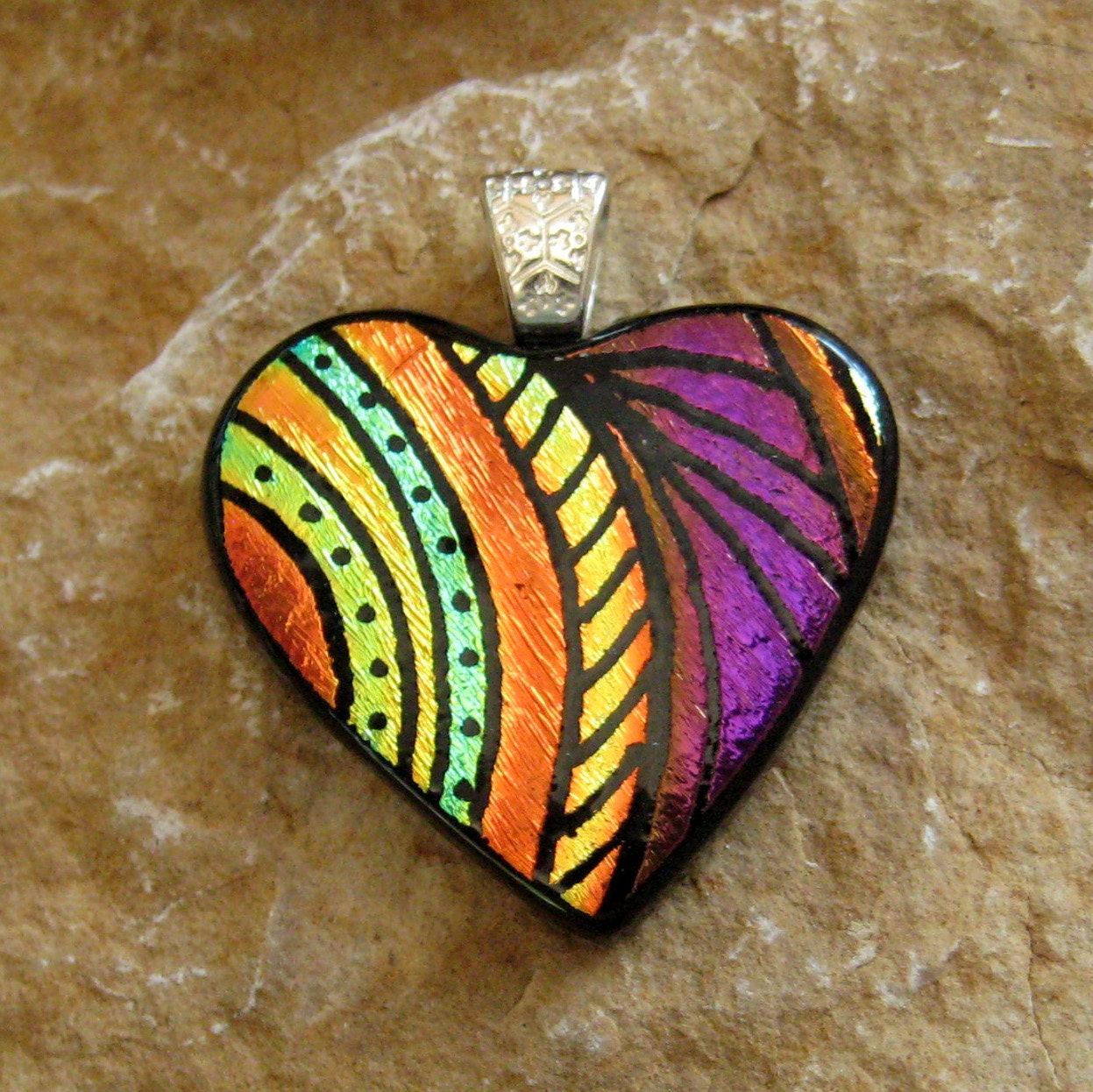 Dichroic Fused Glass Hand Etched Pendant, Fused Glass Heart Pendant - Heartfelt Memories