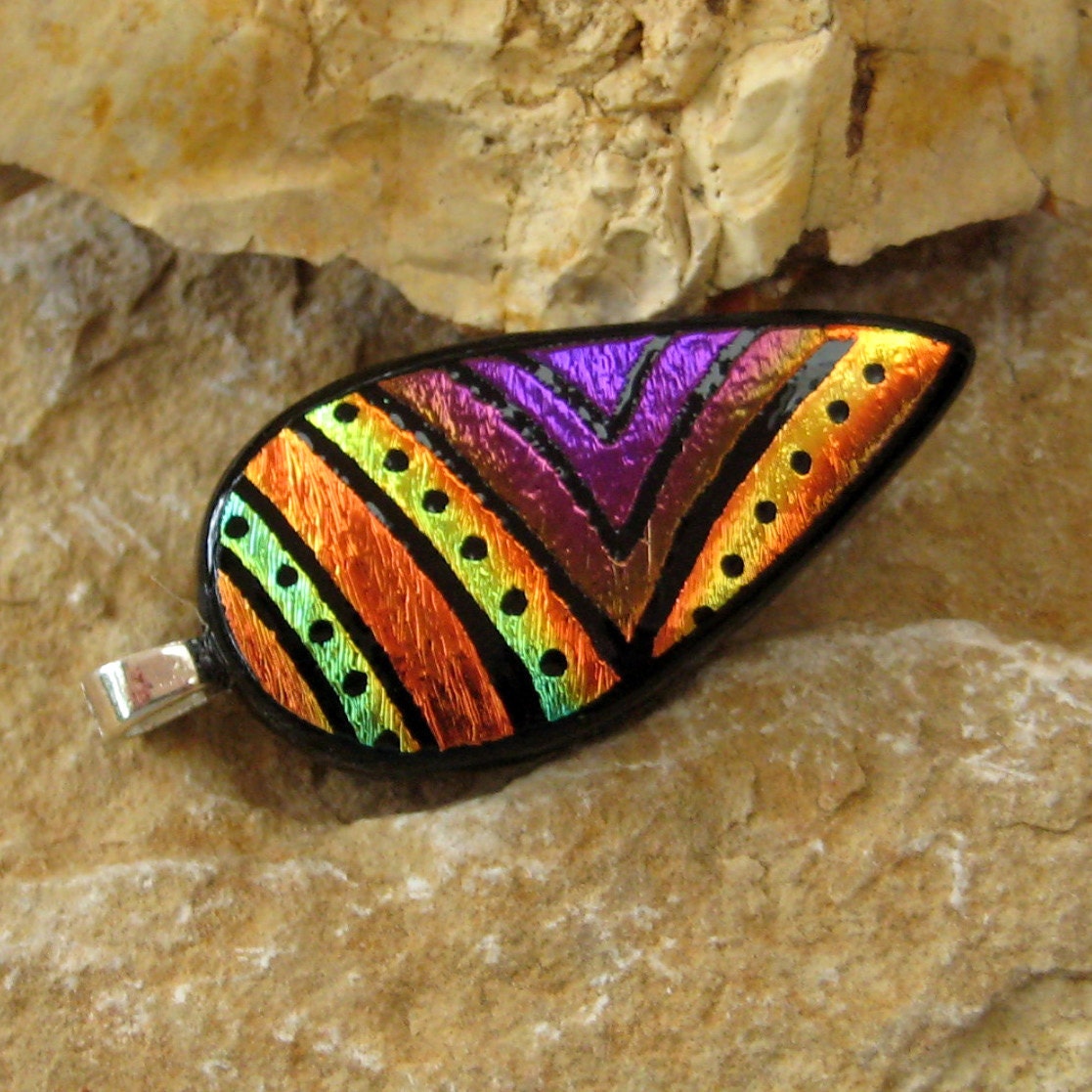 Dichroic Fused Glass Hand Etched  Pendant, Fused GlassTeardrop Pendant,    - Plum Chevron