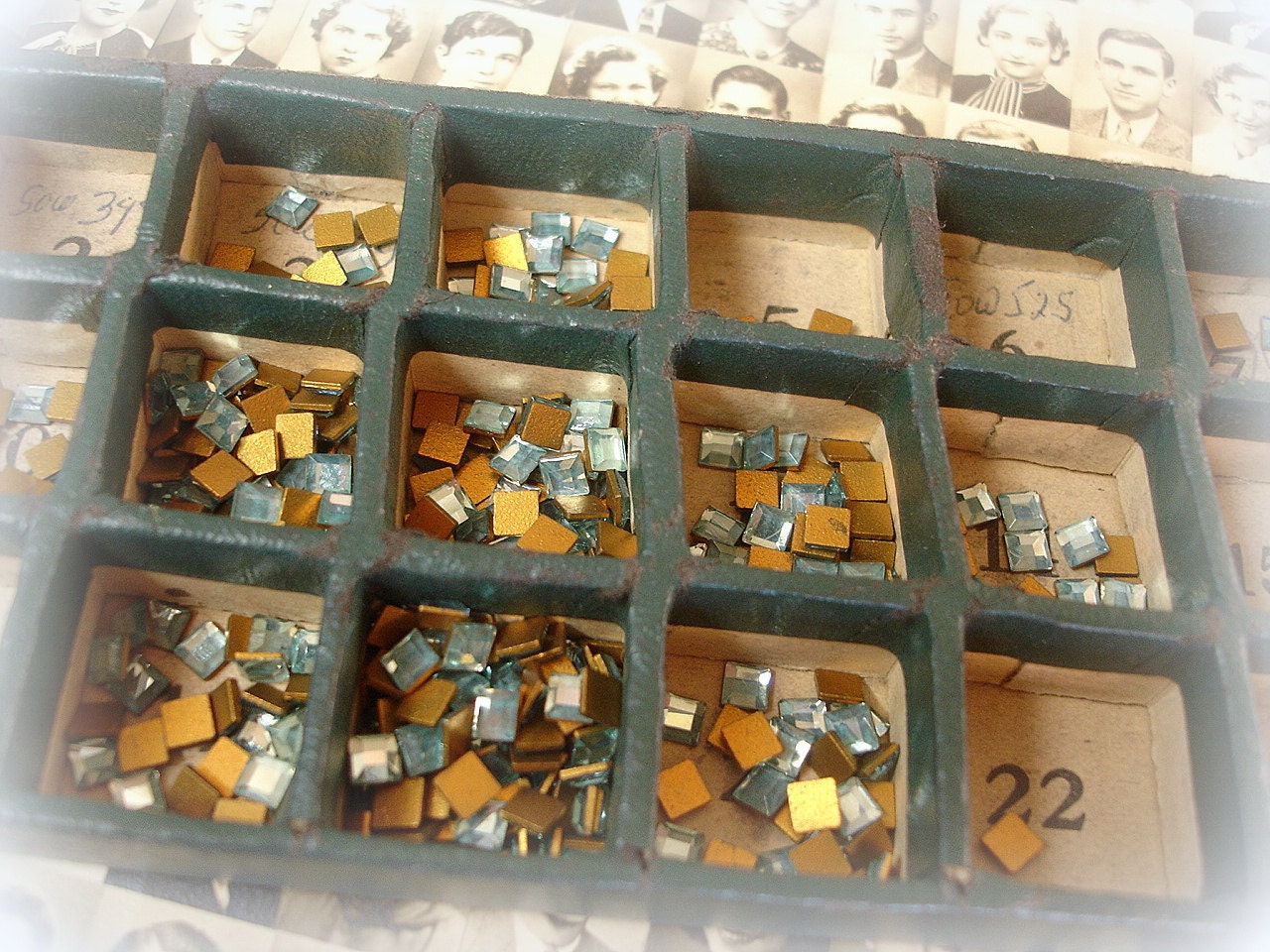 15 piece vintage robins egg blue faceted square rhineStones . czech glass . flat back . gold foil 3.5mm