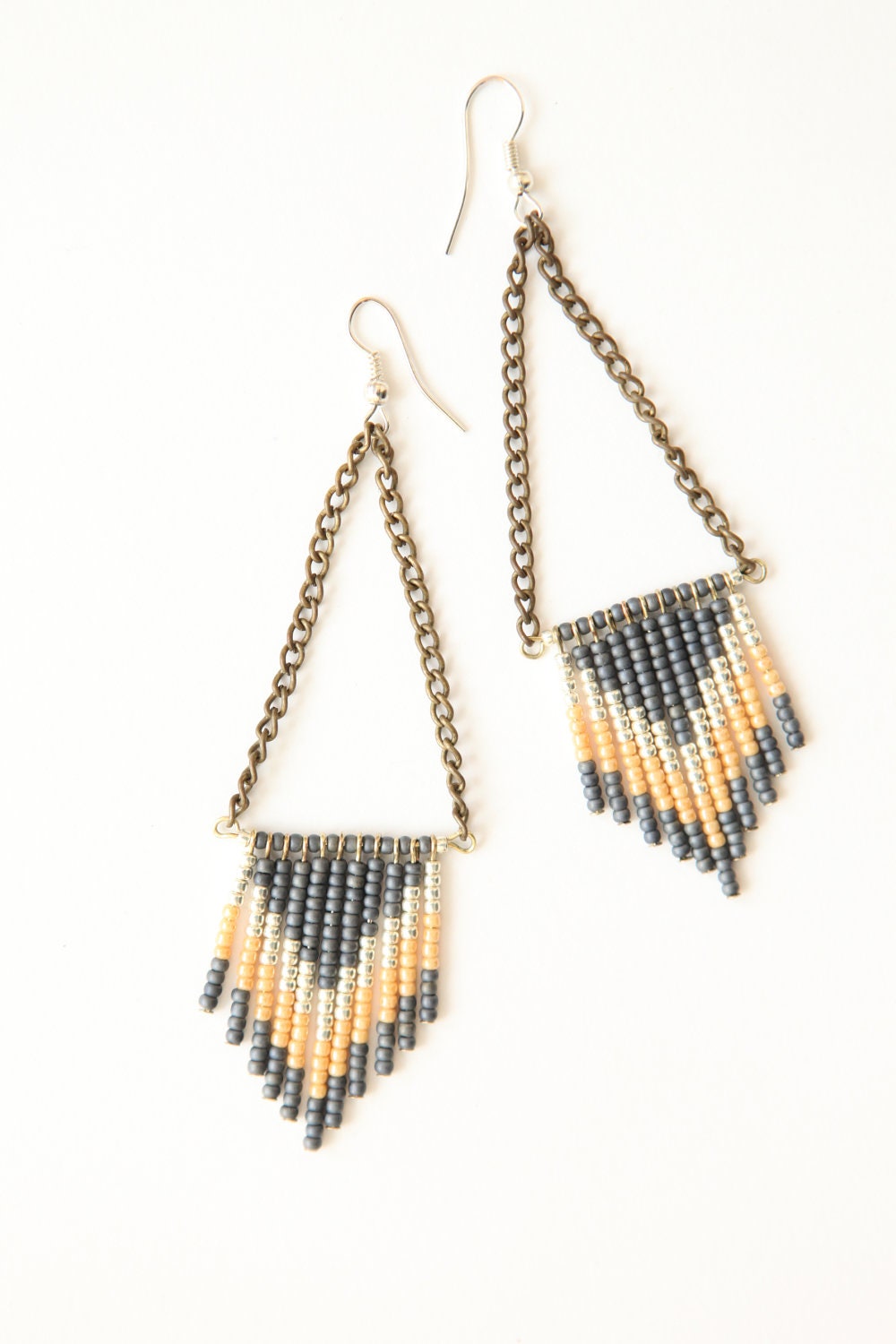 Chevron seed bead earrings - slate blue, terracotta and cream